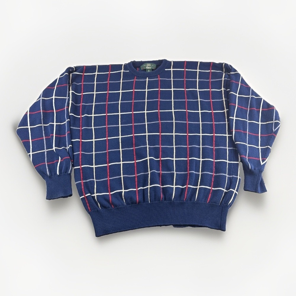Orvis Sweater Mens XL Blue Windowpane Check Crewneck Sweatshirt Cotton READ